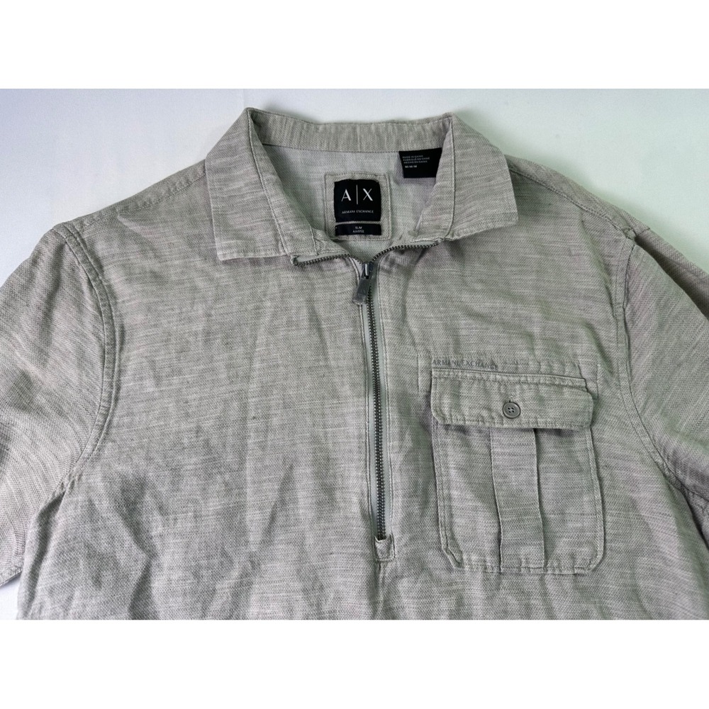 Armani Exchange Men's Medium Gray Linen Blend Quarter‎ Zip Minimalist Polo Shirt